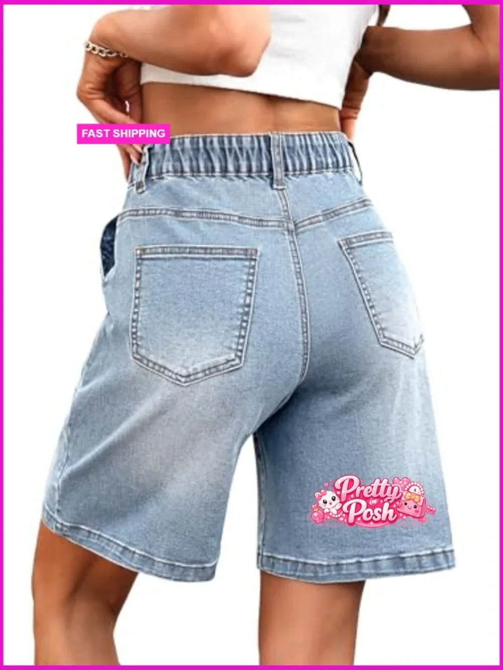 Denim Bermuda Shorts Elastic Waist Stretchy Jean Long Jorts with Pockets